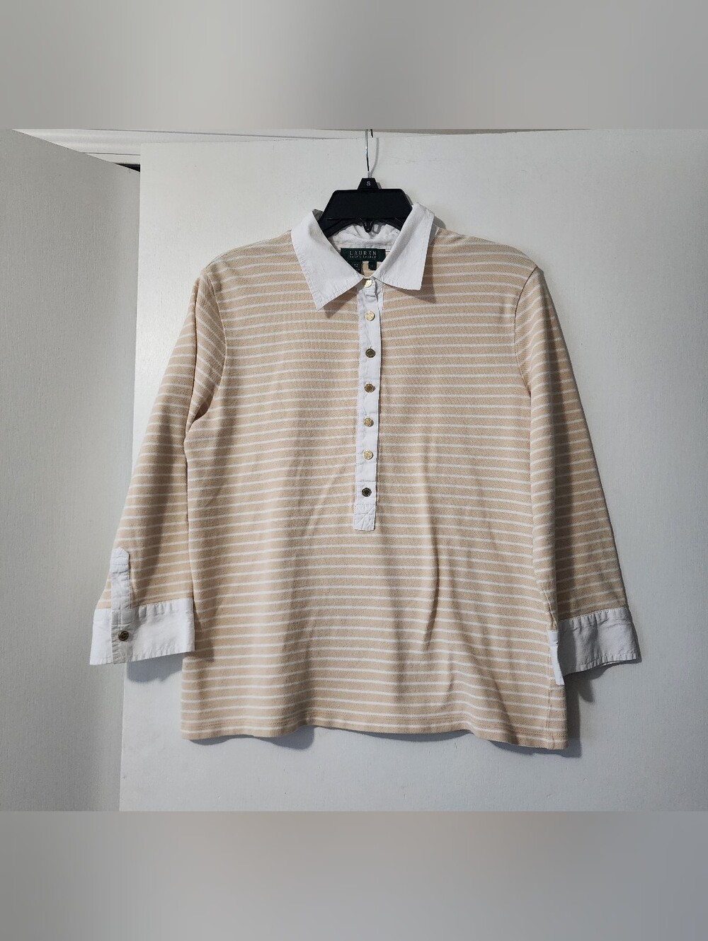 Lauren Ralph Lauren Beige White Striped Polo Collared Knit 3/4 Sleeve L Womens